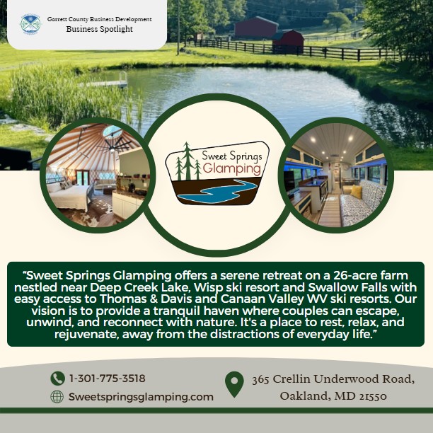 Todays Business Spotlight ⛺️ is on Sweet Springs Glamping! 
Visit them at www.sweetspringsglamping.com or Sweet Springs Glamping 
Follow us to see more daily Garrett County Business Spotlights!
If you are interested in having your business featured contact Connor Norman at cnorman@garrettcountymd.gov. #businessdevelopment #garrettcountymd